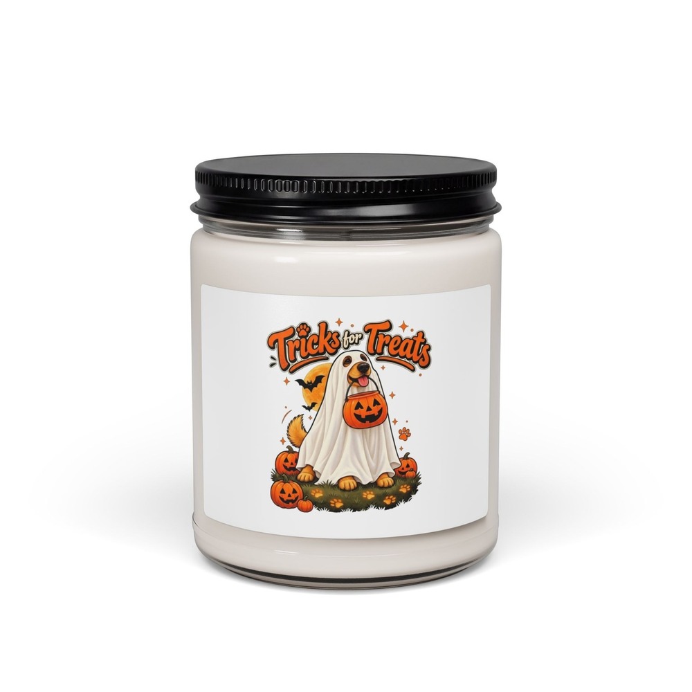 Tricks for Treats Halloween Candle Ghost Dog Pumpkin Soy Candle | Funny Dog Pun